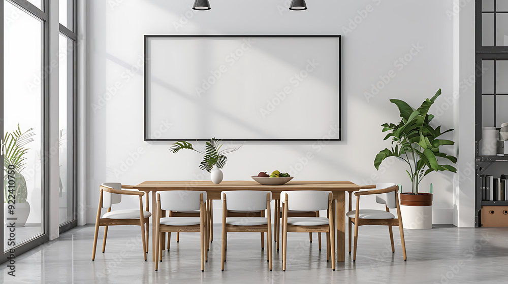 Fototapeta premium A modern dining room with a large wooden table and chairs, a large blank frame, and a large plant.
