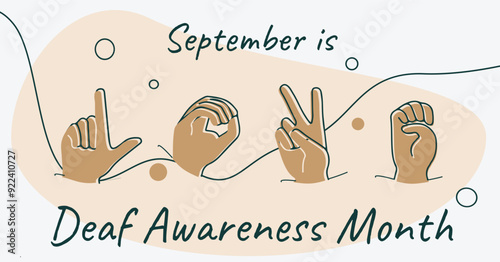 Deaf Awareness Month celebration banner. Love in sign language line art. Hearing disability education observed in September.