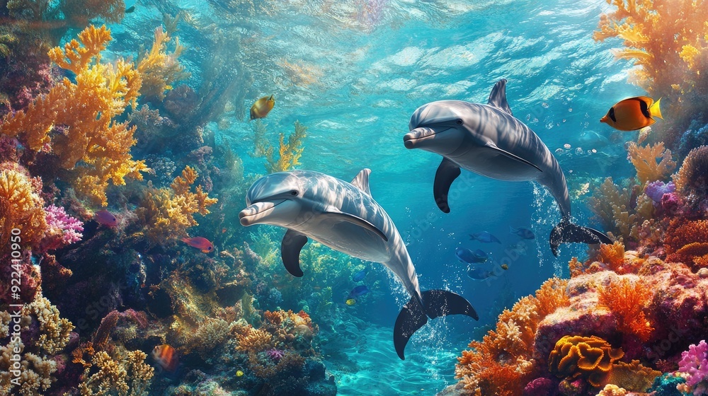 Fototapeta premium Dolphins gracefully navigating a coral reef, with colorful fish and swaying sea plants enhancing the underwater view.