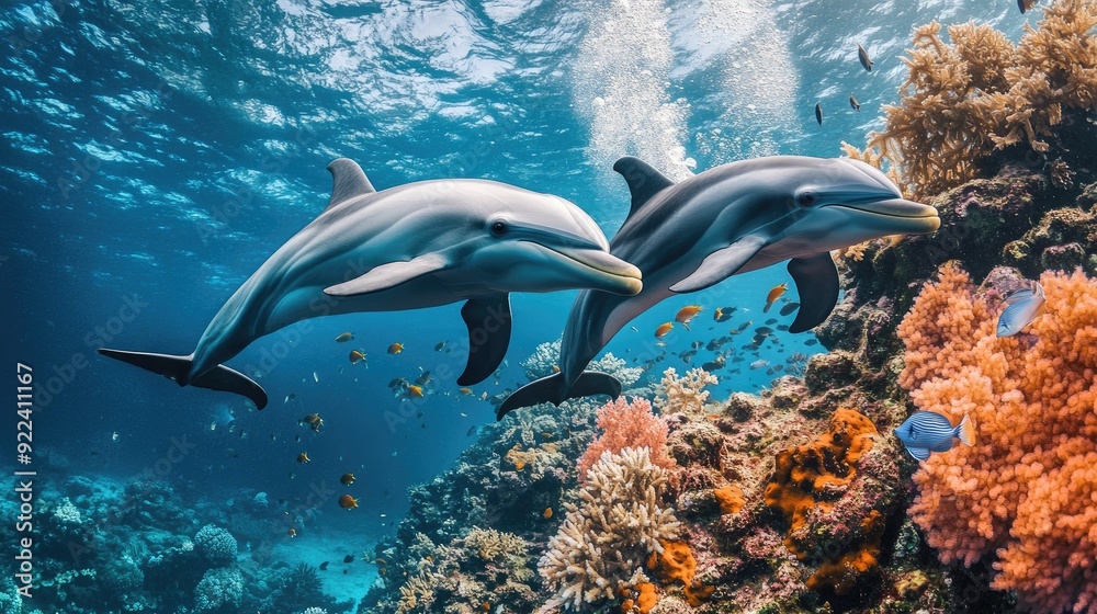 Dolphins navigating a vibrant coral reef, their sleek bodies surrounded by fish and colorful marine flora. Dolphins navigating a vibrant coral reef, their sleek bodies surrounded by fish and colorful marine flora.
