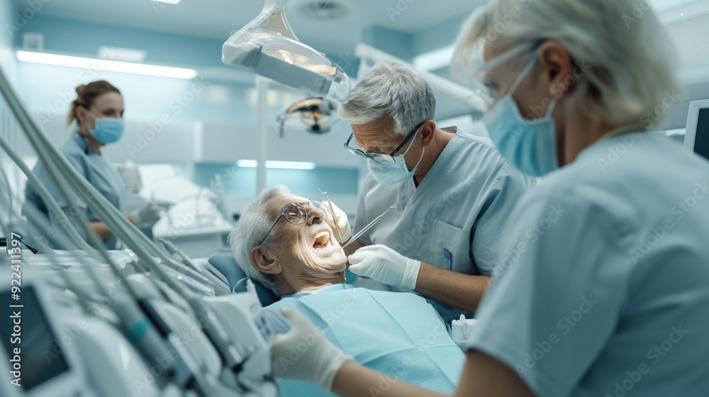 An elderly man receiving dental treatment from a dentist and a dental assistant in a modern dental clinic. The healthcare professionals are wearing masks and gloves.