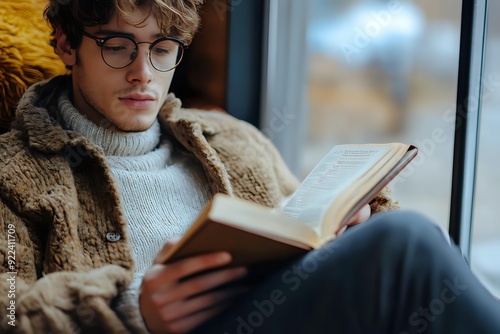 man reading a book in the cafe. Generative AI
