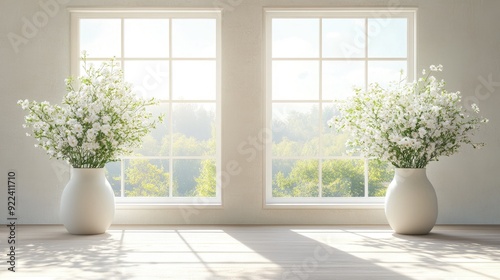 A serene room with two large windows, each adorned with a white vase filled with fresh flowers, allowing sunlight to gently illuminate the space.