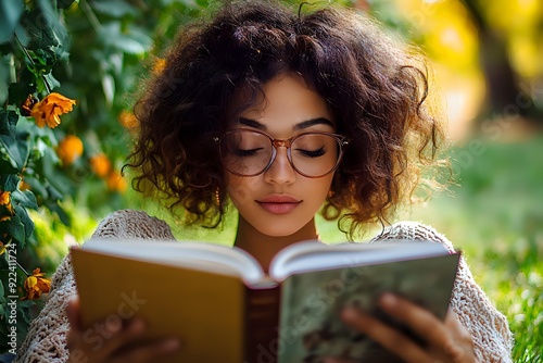 girl reading a book in the park. Generative AI