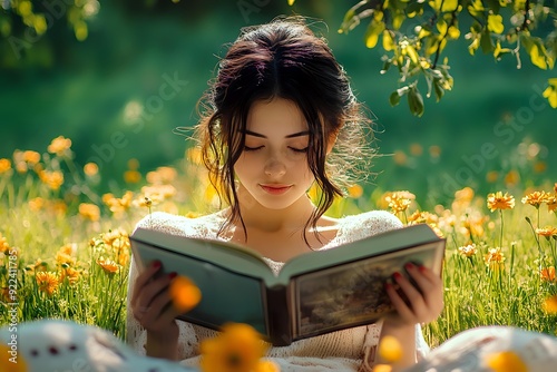 girl reading a book in the park. Generative AI