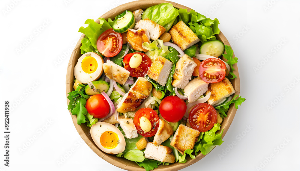 Top view of Caesar salad with lettuce, tomatoes, quail eggs, croutons, chicken and sauce in paper bowl isolated on white