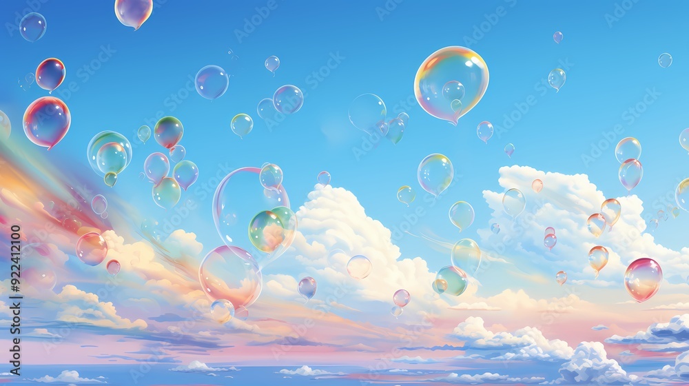 A whimsical scene of floating soap bubbles against a bright blue sky with fluffy clouds. A whimsical scene of floating soap bubbles against a bright blue sky with fluffy clouds.