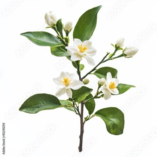 Close up of Orange tree branch with white flowers, buds and leaves. Neroli blossom. Citrus bloom. on an isolated white background