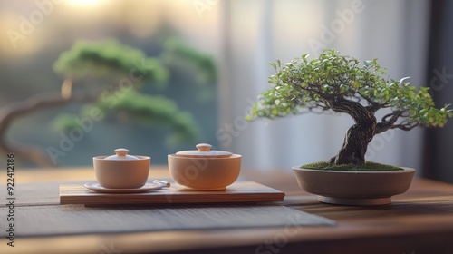 Wallpaper Mural A serene scene featuring a tea set on a wooden table, complemented by a bonsai tree in the background, creating a calming atmosphere. Torontodigital.ca