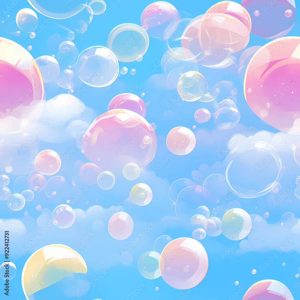 A whimsical scene of floating soap bubbles against a bright blue sky with fluffy clouds. A whimsical scene of floating soap bubbles against a bright blue sky with fluffy clouds.