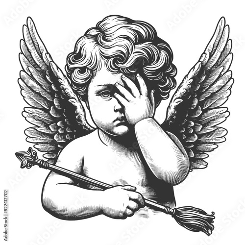 cherub cupid angel baby with facepalm, expressing frustration or dismay sketch engraving generative ai fictional character vector illustration. Scratch board imitation. Black and white image.