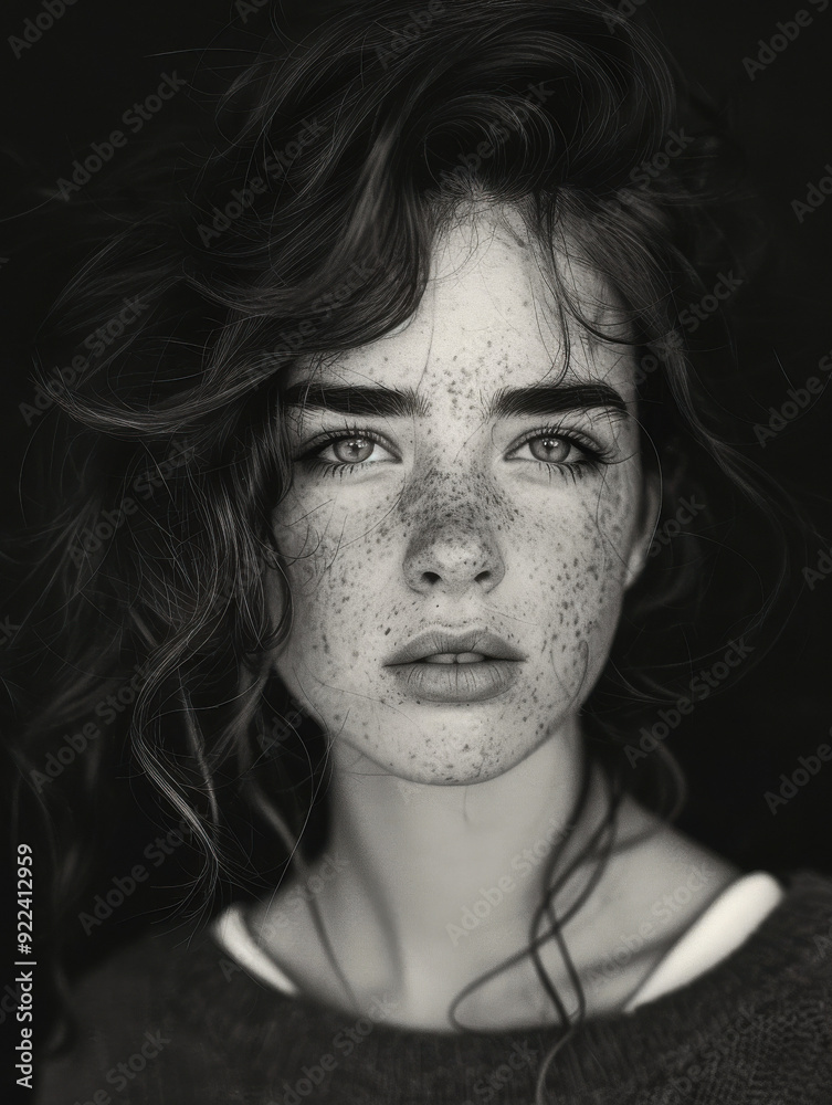 Portrait of a Young Woman with Freckles in Monochrome Portrait of a Young Woman with Freckles in Monochrome