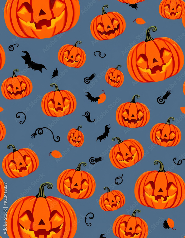 Repeating pattern of carved Halloween pumpkins and bats on a simple background Repeating pattern of carved Halloween pumpkins and bats on a simple background