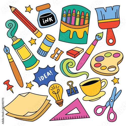Creativity and art materials hand drawn in doodle style