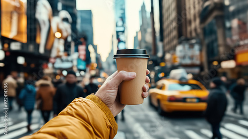 Wallpaper Mural Close-up of a hand holding a paper coffee cup on a busy city street with blurred pedestrians and yellow taxi cabs in the background. Torontodigital.ca