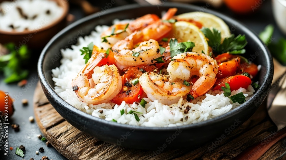 Shrimp on rice and veggies on wood table Shrimp on rice and veggies on wood table