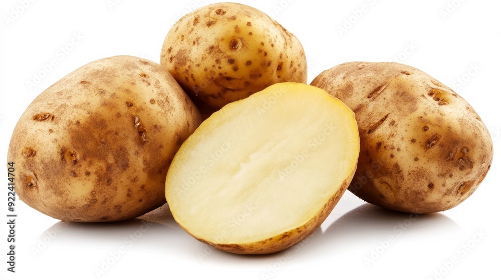 Whole and halved potatoes on white. Whole and halved potatoes on white.