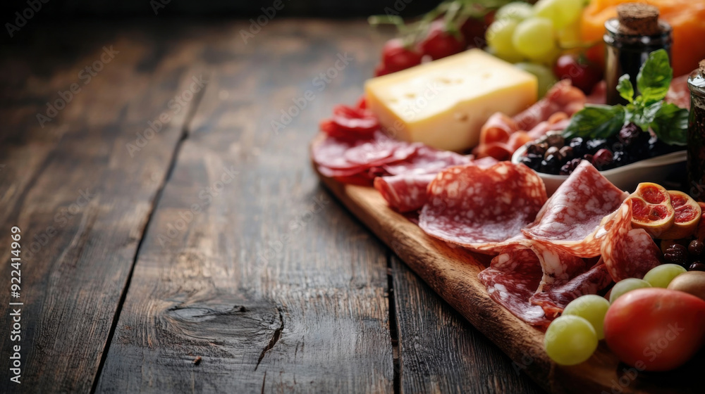 Sliced gourmet meat, cheese, vegetables and fruits on wooden board Sliced gourmet meat, cheese, vegetables and fruits on wooden board