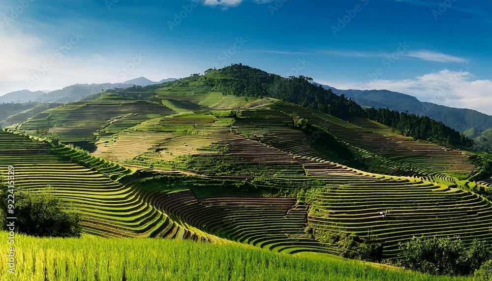 Rice terraces on a lush green hillside with a scenic view of mountains and valleys in rural Asia Rice terraces on a lush green hillside with a scenic view of mountains and valleys in rural Asia