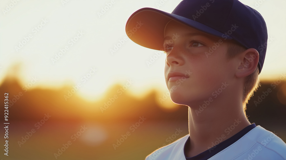 Young baseball player gazing into the sunset on a warm evening. Young baseball player gazing into the sunset on a warm evening.