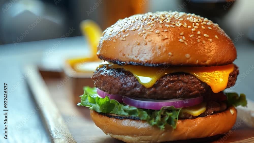 The cheeseburger is served with fries in a cozy restaurant setting. The cheeseburger is served with fries in a cozy restaurant setting.