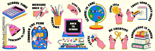 Trendy set of Back to School stickers. Vector illustration of school supplies with words and phrases.