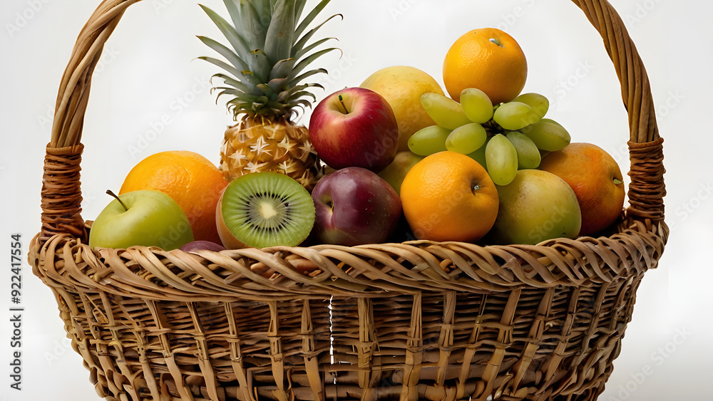 A basket of fruit including apples, kiwis, and strawberries. The basket is on a wooden table A basket of fruit including apples, kiwis, and strawberries. The basket is on a wooden table