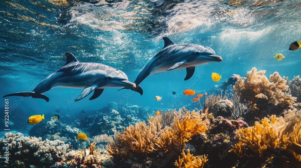 Fototapeta premium Playful dolphins swimming around a coral reef, accompanied by colorful fish and lush sea plants in the clear blue ocean.