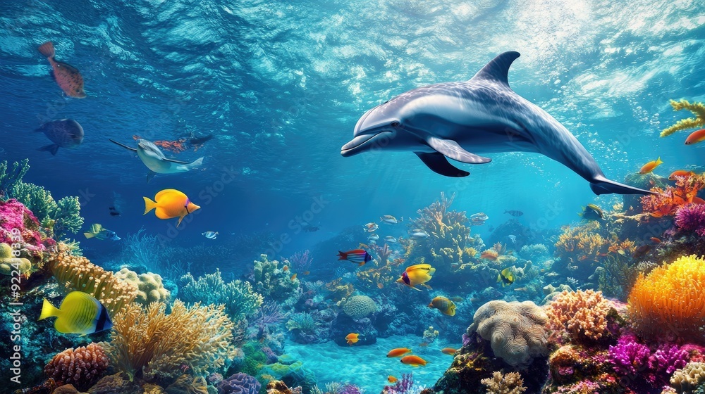 Fototapeta premium Playful dolphins swimming around a coral reef, accompanied by colorful fish and lush sea plants in the clear blue ocean.