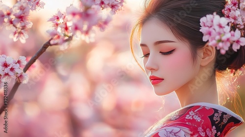 Kimono-clad women amid cherry blossoms photo