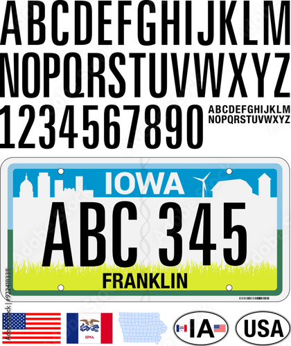 Iowa US state carl license plate pattern, United States of America, numbers, letters and symbols, vector illustration