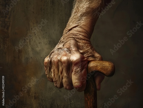 An old, withered hand gripping a cane tightly, refusing to let go, [pain, suffering, persistence], [aging and determination]