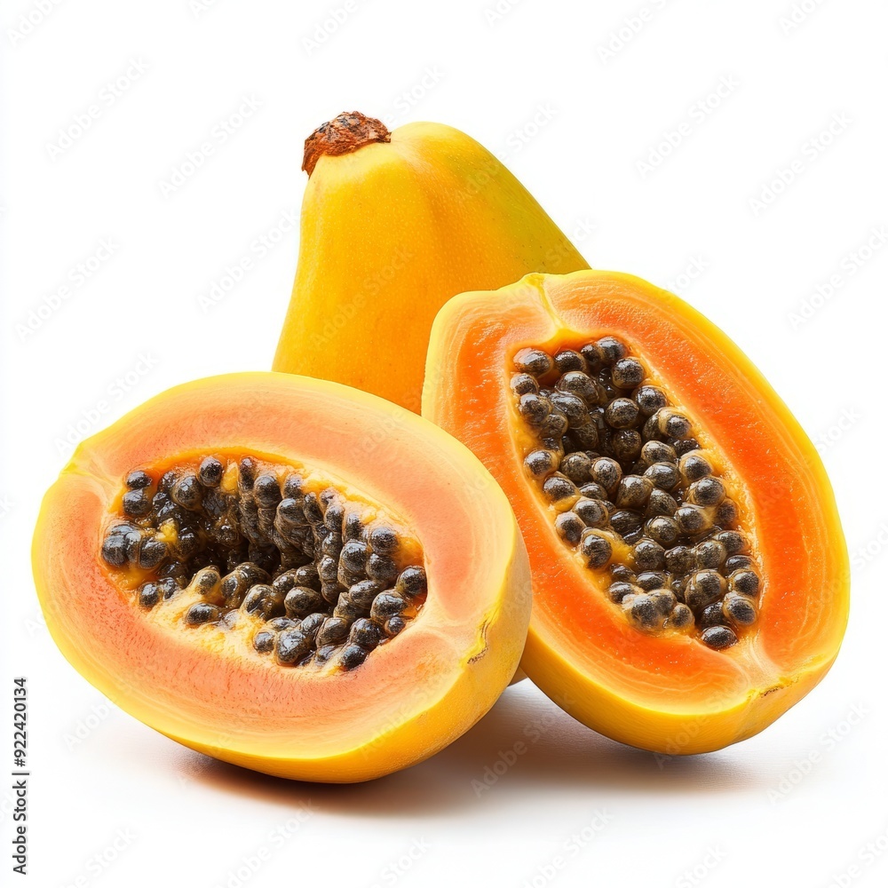 Close up of Fresh halved papaya fruit on an isolated white background