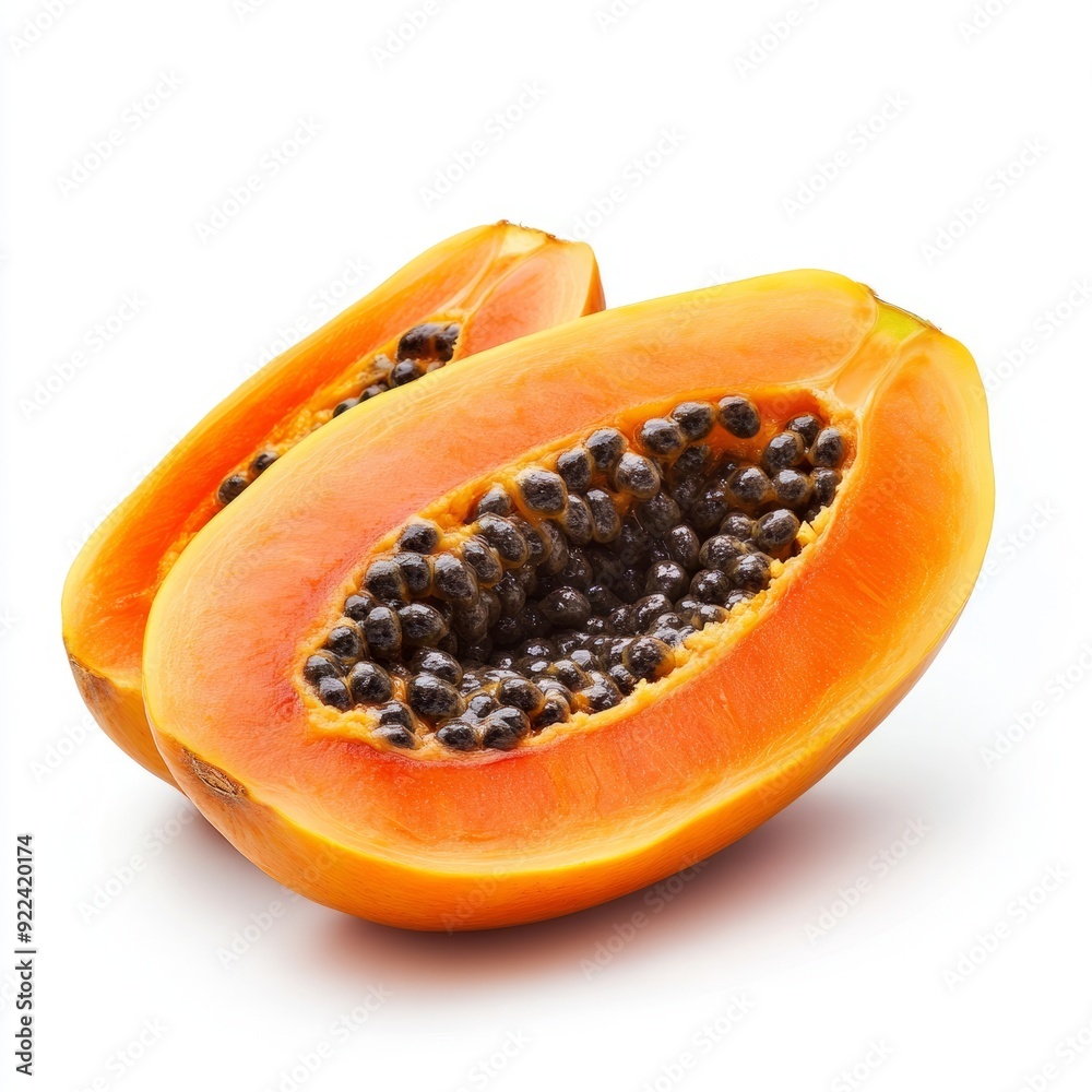 Close up of Fresh halved papaya fruit on an isolated white background