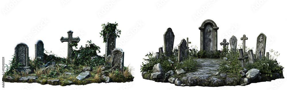 Spooky Halloween Set of Graveyard Scene with 3D Rendered Gravestone on Transparent Background Spooky Halloween Set of Graveyard Scene with 3D Rendered Gravestone on Transparent Background