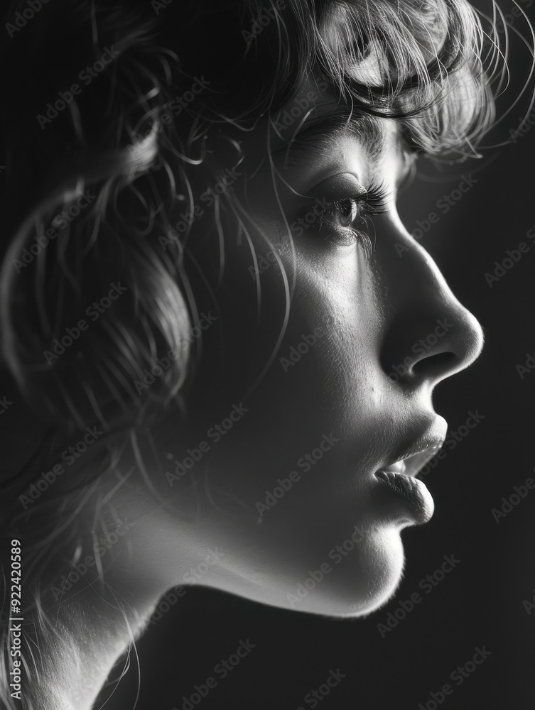 Fototapeta premium Dramatic Black and White Close-Up of Young Woman with Curly Hair