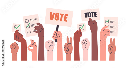 Diverse human hands holding vote ballots, participate in voting. Voting and elections concept. Vector illustration in flat style