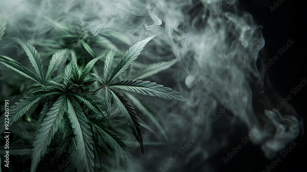 Marijuana leaves on a smoke background, close up top view on cannabis leaves and branches on smoke background for alternative medical and marketing design concept