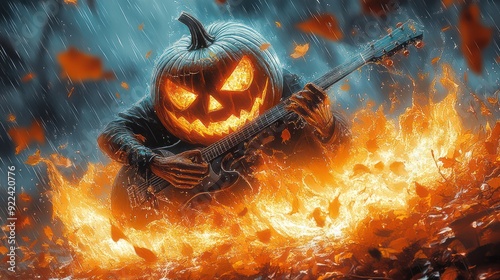 Pumpkin head playing electric guitar,