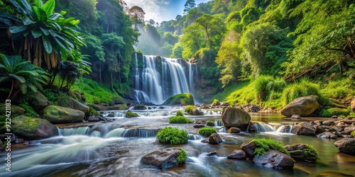 Beautiful nature landscape of Wangyai waterfall in the tropical forest with river stream, rocks, and abundant vegetation photo