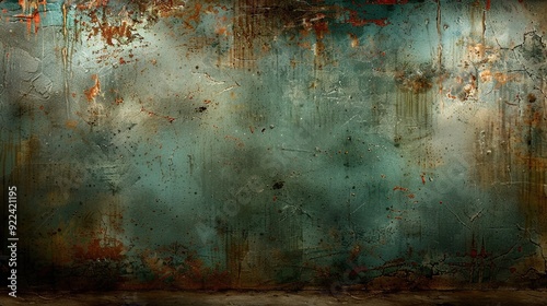   A grimy wall with rust stains and a blue backdrop with scattered clouds photo