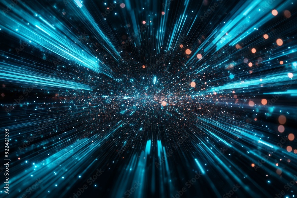 Reflections on the ground illuminated by neon blue lines on black background, futuristic technology, generative stock Reflections on the ground illuminated by neon blue lines on black background, futuristic technology, generative stock