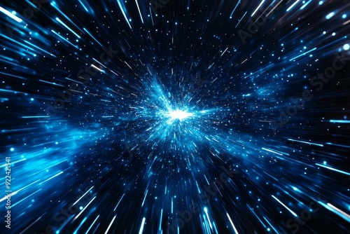 The concept of abstract neon blue lines illuminated by black background, futuristic technology concept, generative stock
