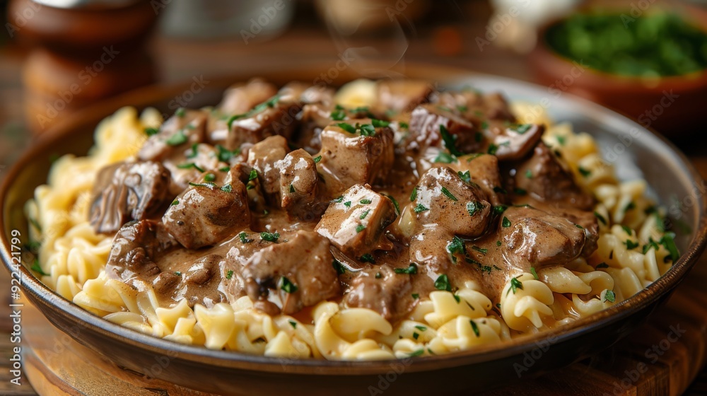 Capture the savory aroma and tender texture of a plate of beef stroganoff, featuring tender strips of beef, creamy sauce Capture the savory aroma and tender texture of a plate of beef stroganoff, featuring tender strips of beef, creamy sauce