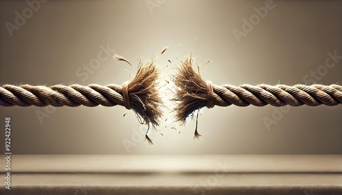 A frayed rope stretched to its limit, on the verge of breaking, highlighting tension and fragility.