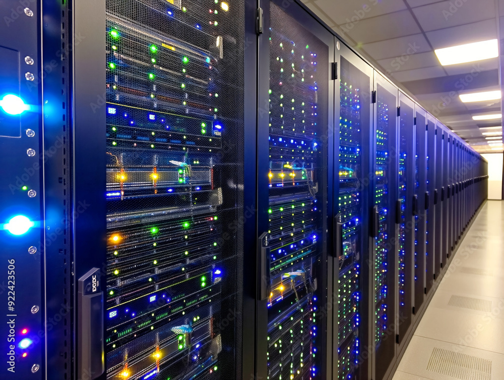 A row of computer servers with lights on them A row of computer servers with lights on them