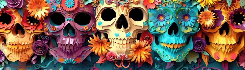 Colorful Dia de los Muertos paper craft skulls adorned with floral patterns and surrounded by vibrant paper flowers Day of the Dead. AI Colorful Dia de los Muertos paper craft skulls adorned with floral patterns and surrounded by vibrant paper flowers Day of the Dead. AI