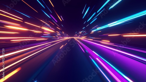 Using 3D render technology, abstract colorful high-speed light trails background, motion effect, neon fastest glowing light, empty space scene, spotlight, futuristic cyber sci-fi background,