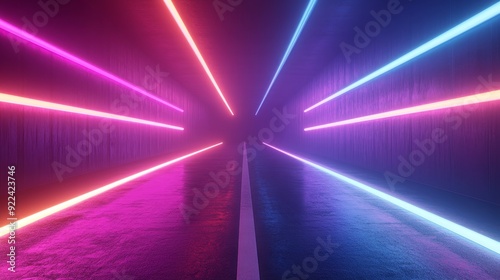 A colorful abstract light trail background with motion effect, neon glow, a spotlight, and a cyber futuristic sci-fi background in 3D render technology.