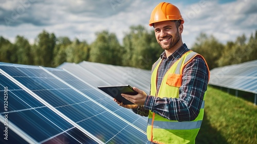 smiling engineer in a vest and a helmet, holding a tablet and standing of a photovoltaic park with solar panels.